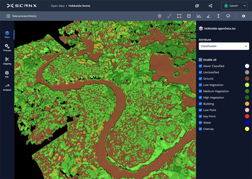 Data classifications of a forest area on Hokkaido, Japan’s northernmost island, displayed in ScanX. Primary colors in the image are green, brown, and orange.